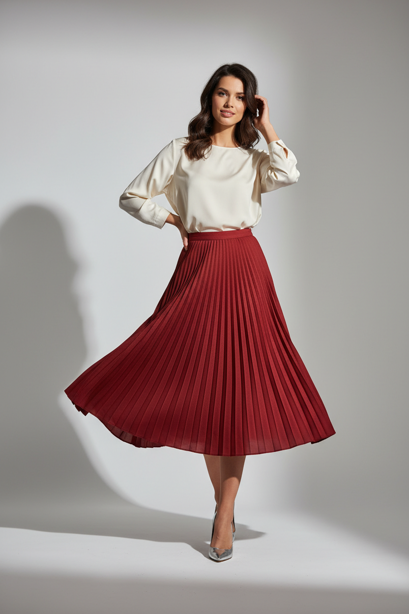 Women's Pleated Midi Skirt Red
